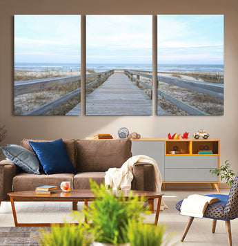 31602988-MGV-CV-36X24-Beach Boardwalk Wall Art Canvas Print, Framed Coastal Serenity Art Picture Print, Ocean View Perfect Coastal Minimalist Decor