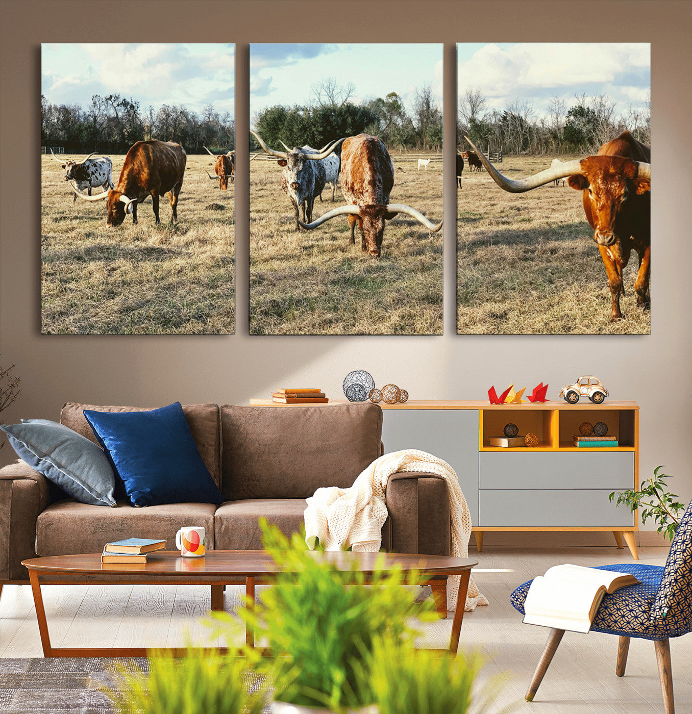 39144651-MGV-CV-36X24-Texas Longhorns Wall Art Canvas Print, Framed Rustic Farm Scene Art Picture Print, Western Cattle Perfect Rustic Farmhouse Decor