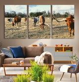 39144651-MGV-CV-36X24-Texas Longhorns Wall Art Canvas Print, Framed Rustic Farm Scene Art Picture Print, Western Cattle Perfect Rustic Farmhouse Decor
