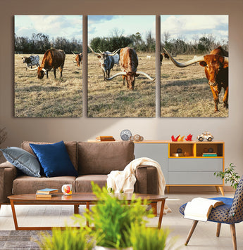 39144651-MGV-CV-36X24-Texas Longhorns Wall Art Canvas Print, Framed Rustic Farm Scene Art Picture Print, Western Cattle Perfect Rustic Farmhouse Decor