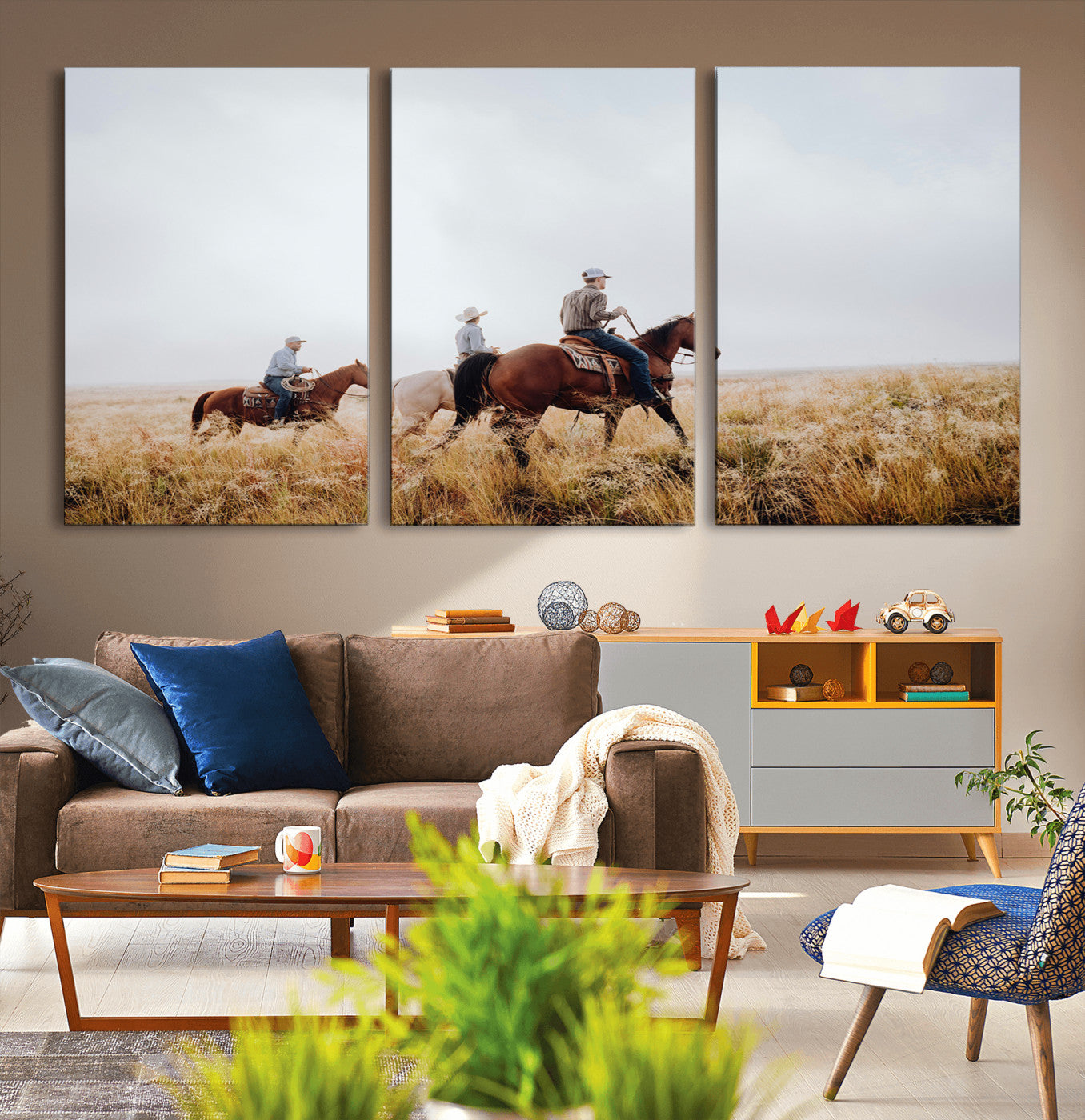 94723307-MGV-CV-36X24-Western Cowboys Wall Art Canvas Print, Framed Rustic Prairie Art Picture Print, Horseback Riding Perfect Rustic Western Decor