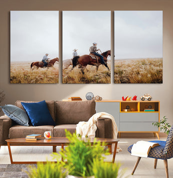 94723307-MGV-CV-36X24-Western Cowboys Wall Art Canvas Print, Framed Rustic Prairie Art Picture Print, Horseback Riding Perfect Rustic Western Decor