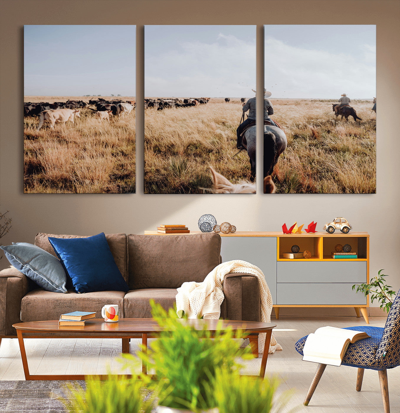 22431577-MGV-CV-36X24-Western Wall Art Wall Art Canvas Print, Framed Cowboy Canvas Art Picture Print, Cattle Drive Scene Perfect Rustic Western Decor