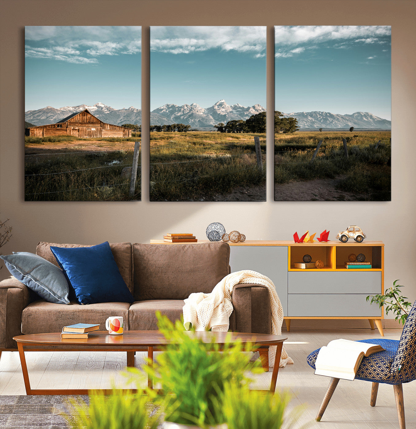 92497443-MGV-CV-36X24-Rustic Farmhouse Wall Art Canvas Print, Framed Mountain Cabin Art Picture Print, Western Landscape Perfect Rustic Farmhouse Decor