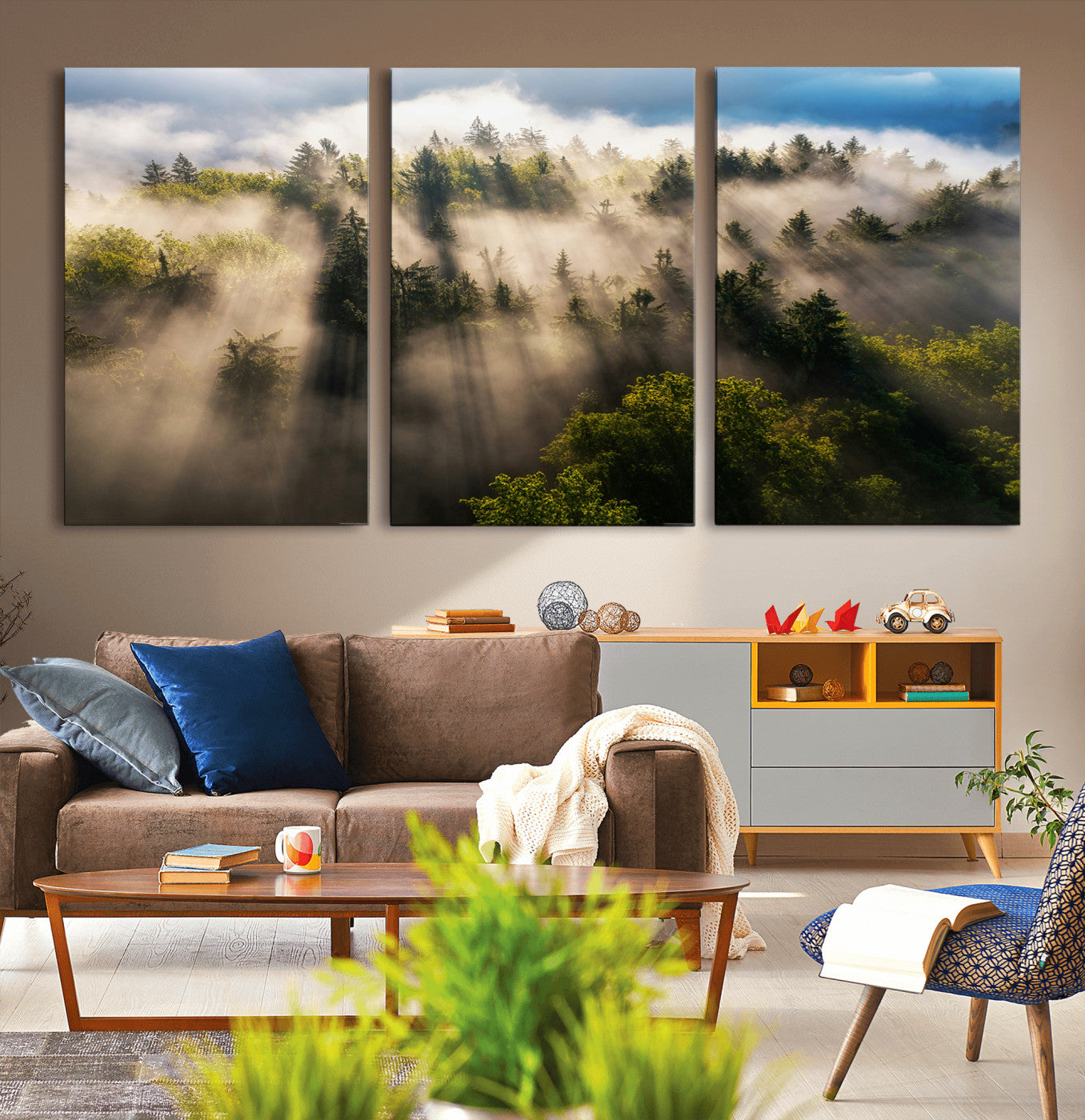 14785710-MGV-CV-36X24-Tranquil Forest Scene Wall Art Canvas Print, Framed Sunbeam Through Trees Art Picture Print, Moody Green Wall Art Perfect