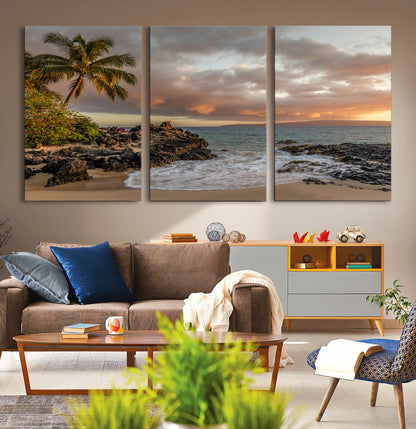 55108220-MGV-CV-36X24-Tropical Beach Wall Art Canvas Print, Framed Hawaiian Sunset Art Picture Print, Ocean Waves Perfect Coastal Tropical Decor Artwork