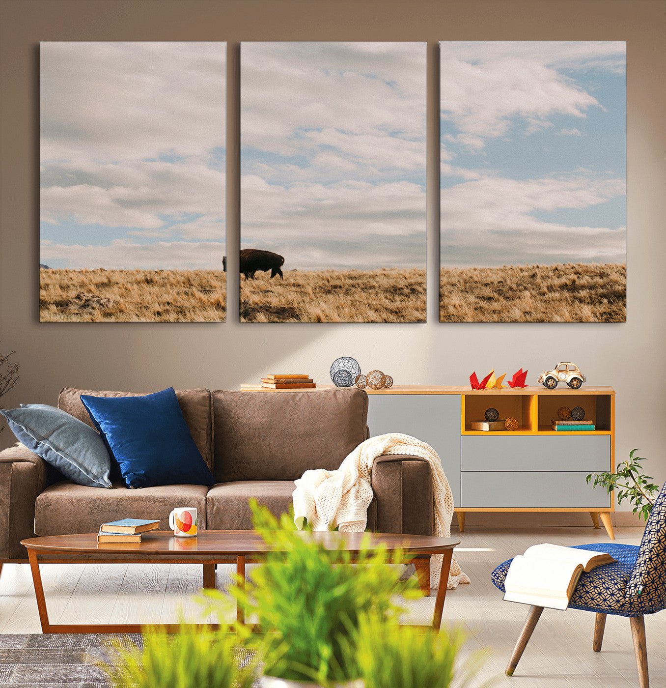 22754563-MGV-CV-36X24-Earthy Tones Wall Art Canvas Print, Framed Rustic Nature Art Picture Print, Solitary Buffalo Perfect Western Minimalist Decor