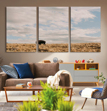 22754563-MGV-CV-36X24-Earthy Tones Wall Art Canvas Print, Framed Rustic Nature Art Picture Print, Solitary Buffalo Perfect Western Minimalist Decor