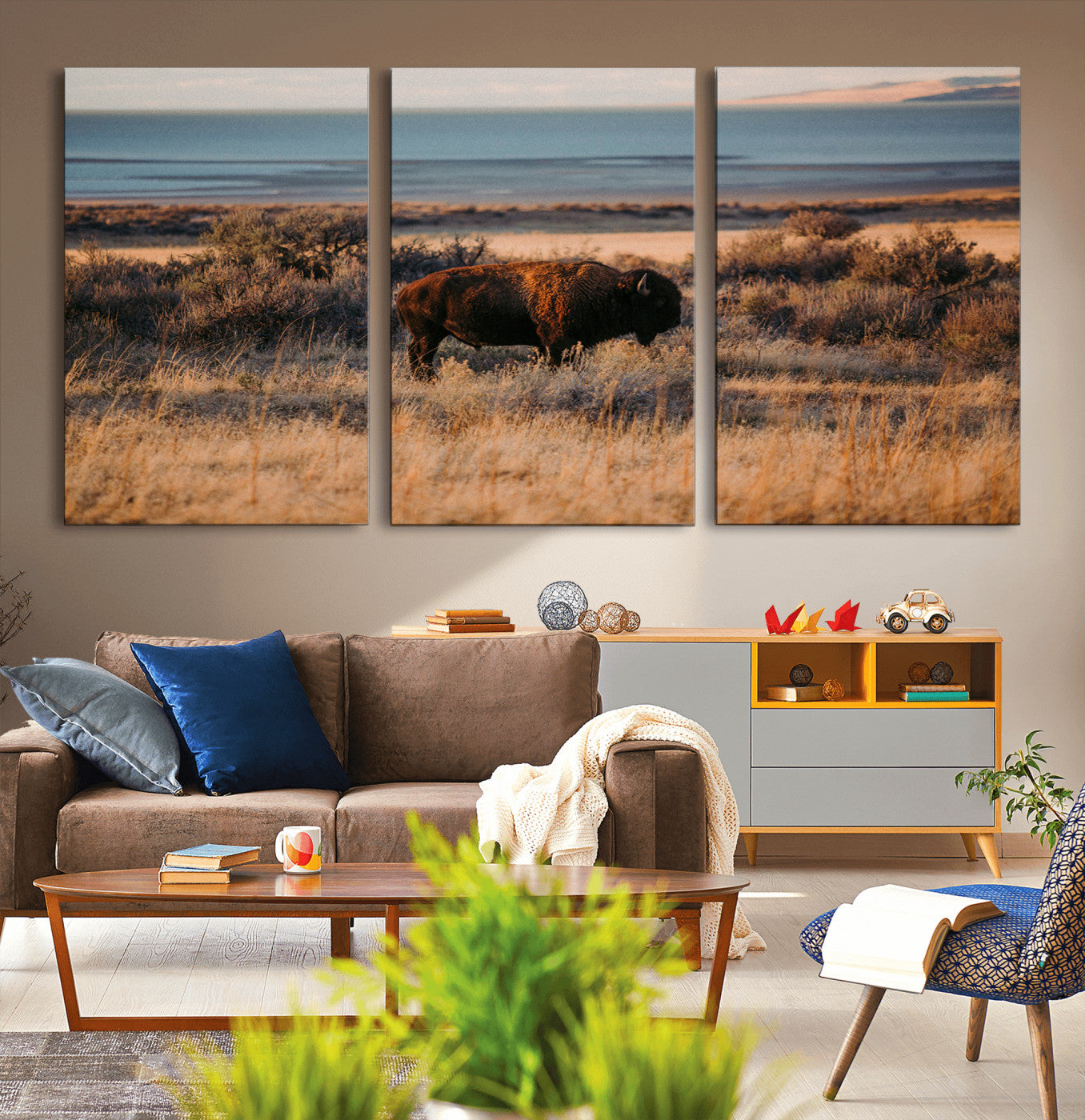 39509187-MGV-CV-36X24-Western Wildlife Wall Art Canvas Print, Framed Bison Art Picture Print, Golden Hour Perfect Western Rustic Decor Artwork