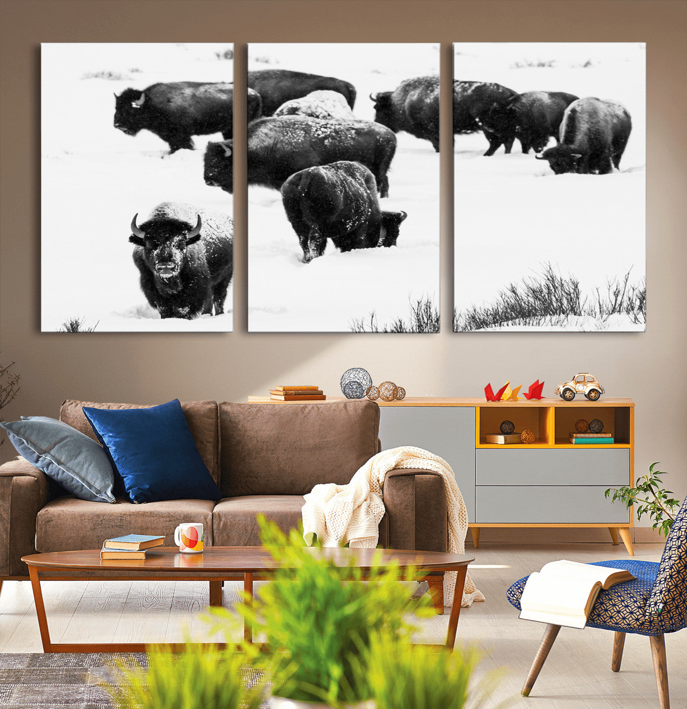 18914414-MGV-CV-36X24-Buffalo Herd Wall Art Canvas Print, Framed Black and White Art Picture Print, Snowy Landscape Perfect Rustic Lodge Decor Decor