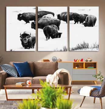 18914414-MGV-CV-36X24-Buffalo Herd Wall Art Canvas Print, Framed Black and White Art Picture Print, Snowy Landscape Perfect Rustic Lodge Decor Decor