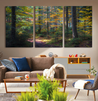 65810864-MGV-CV-36X24-Autumn Forest Wall Art Canvas Print, Framed Fall Woodland Art Picture Print, Golden Leaves Perfect Rustic Farmhouse Decor Artwork