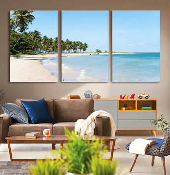 37858872-MGV-CV-60X30-3P-Palm Tree Coast Wall Art Canvas Print, Framed Island Getaway Art Picture Print, Crystal Blue Water Perfect Tropical Coastal Decor