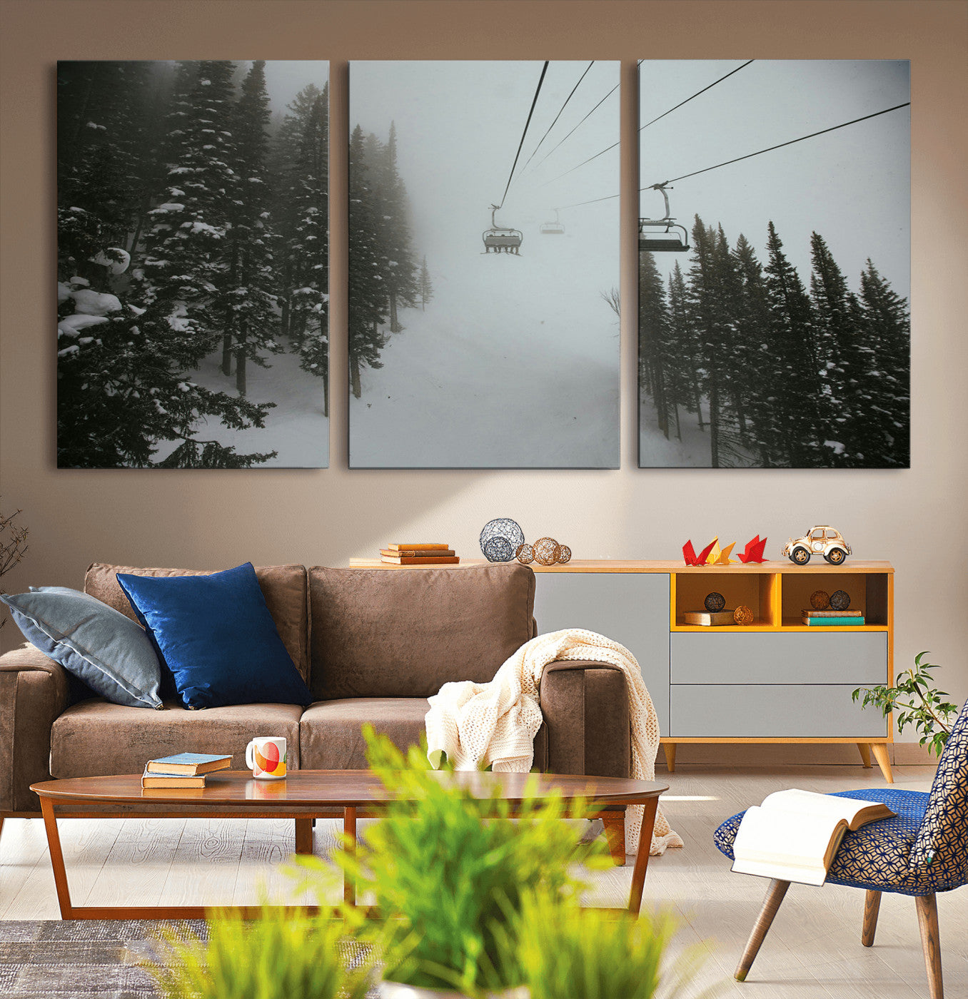 87018452-MGV-CV-36X24-Ski Lift Wall Art Canvas Print, Framed Snowy Pines Art Picture Print, Misty Landscape Perfect Winter Serenity Decor Artwork