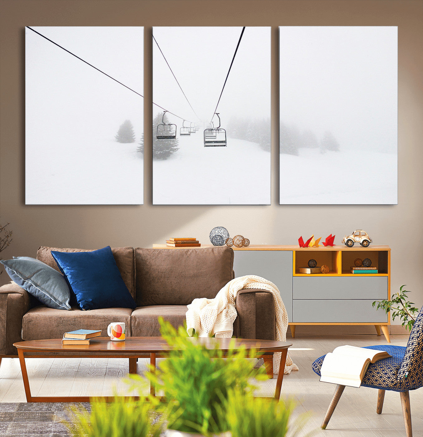 20216390-MGV-CV-36X24-Ski Lift Wall Art Canvas Print, Framed Snowy Landscape Art Picture Print, Alpine Adventure Perfect Nordic Minimalist Decor Artwork