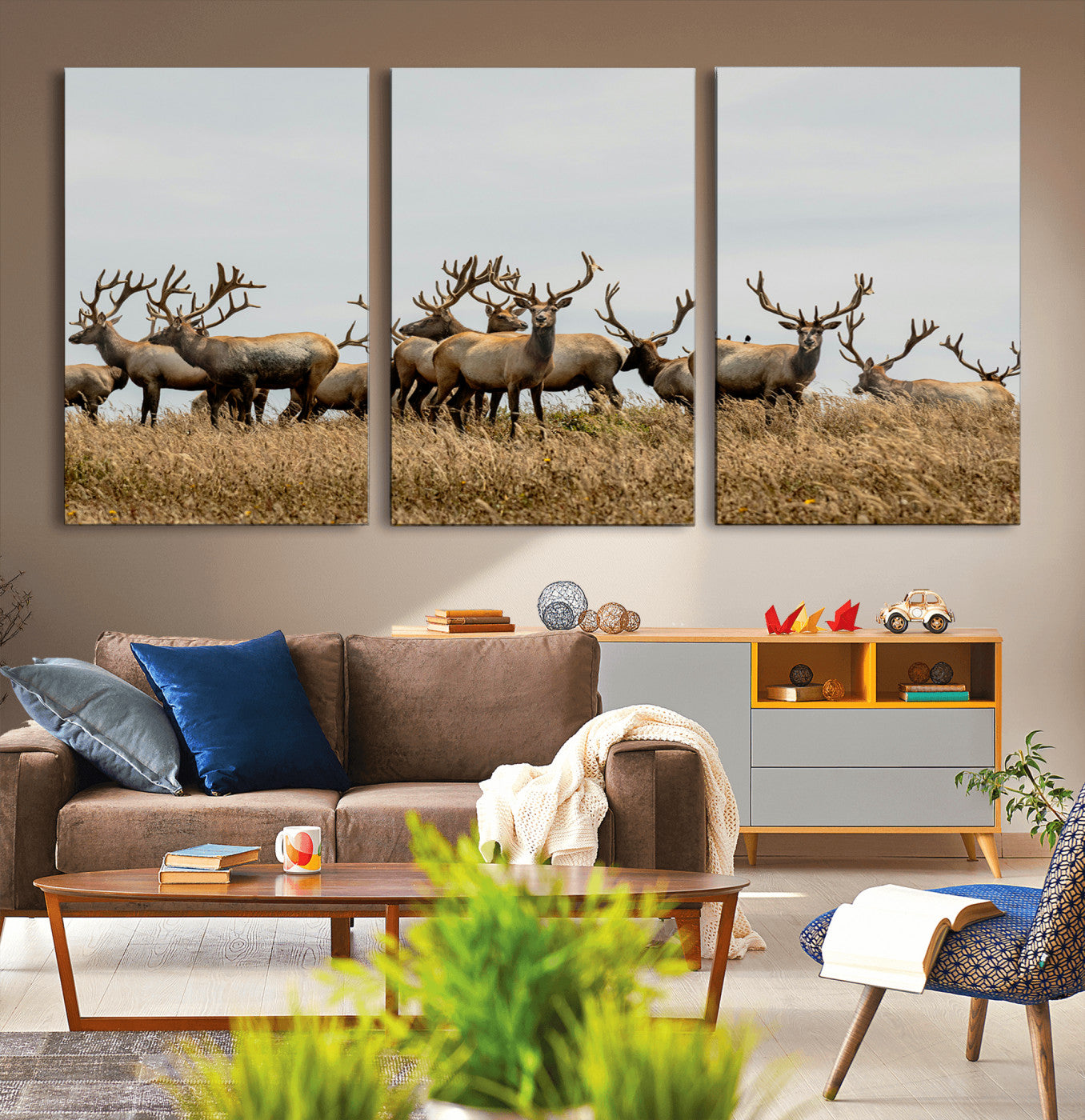 42170220-MGV-CV-36X24-Elk Herd Wall Art Canvas Print, Framed Wildlife Photography Art Picture Print, Majestic Antlers Perfect Rustic Wildlife Decor