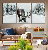 13316292-MGV-CV-36X24-Moose in Snow Wall Art Canvas Print, Framed Winter Wildlife Art Picture Print, Snowy Forest Scene Perfect Rustic Lodge Decor
