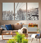 91534512-MGV-CV-36X24-Frosty Pines Wall Art Canvas Print, Framed Cozy Cabin View Art Picture Print, Ski Lift Ride Perfect Rustic Lodge Decor Artwork