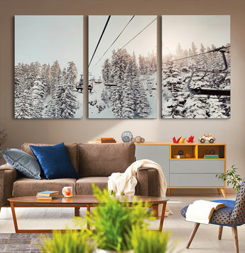 91534512-MGV-CV-36X24-Frosty Pines Wall Art Canvas Print, Framed Cozy Cabin View Art Picture Print, Ski Lift Ride Perfect Rustic Lodge Decor Artwork
