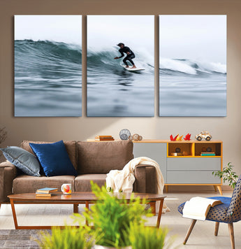 11693607-MGV-CV-36X24-Surfer on Wave Wall Art Canvas Print, Framed Ocean Adventure Art Picture Print, Motion Blur Water Perfect Coastal Adventure Decor