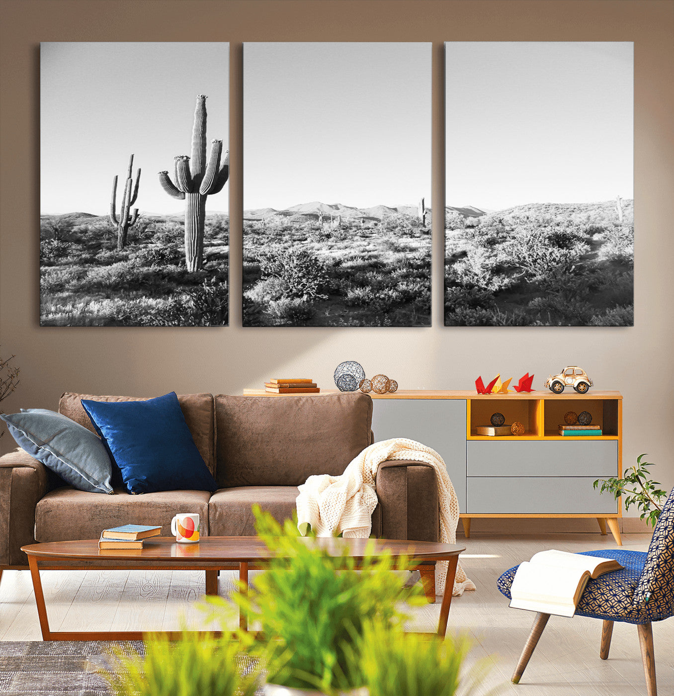 85205054-MGV-CV-36X24-Saguaro Cactus Wall Art Canvas Print, Framed Monochrome Landscape Art Picture Print, Scenic Arizona View Perfect Minimalist