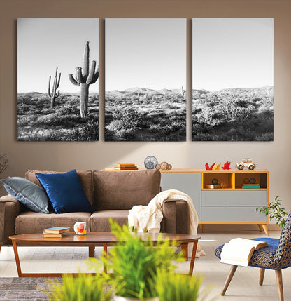 85205054-MGV-CV-36X24-Saguaro Cactus Wall Art Canvas Print, Framed Monochrome Landscape Art Picture Print, Scenic Arizona View Perfect Minimalist