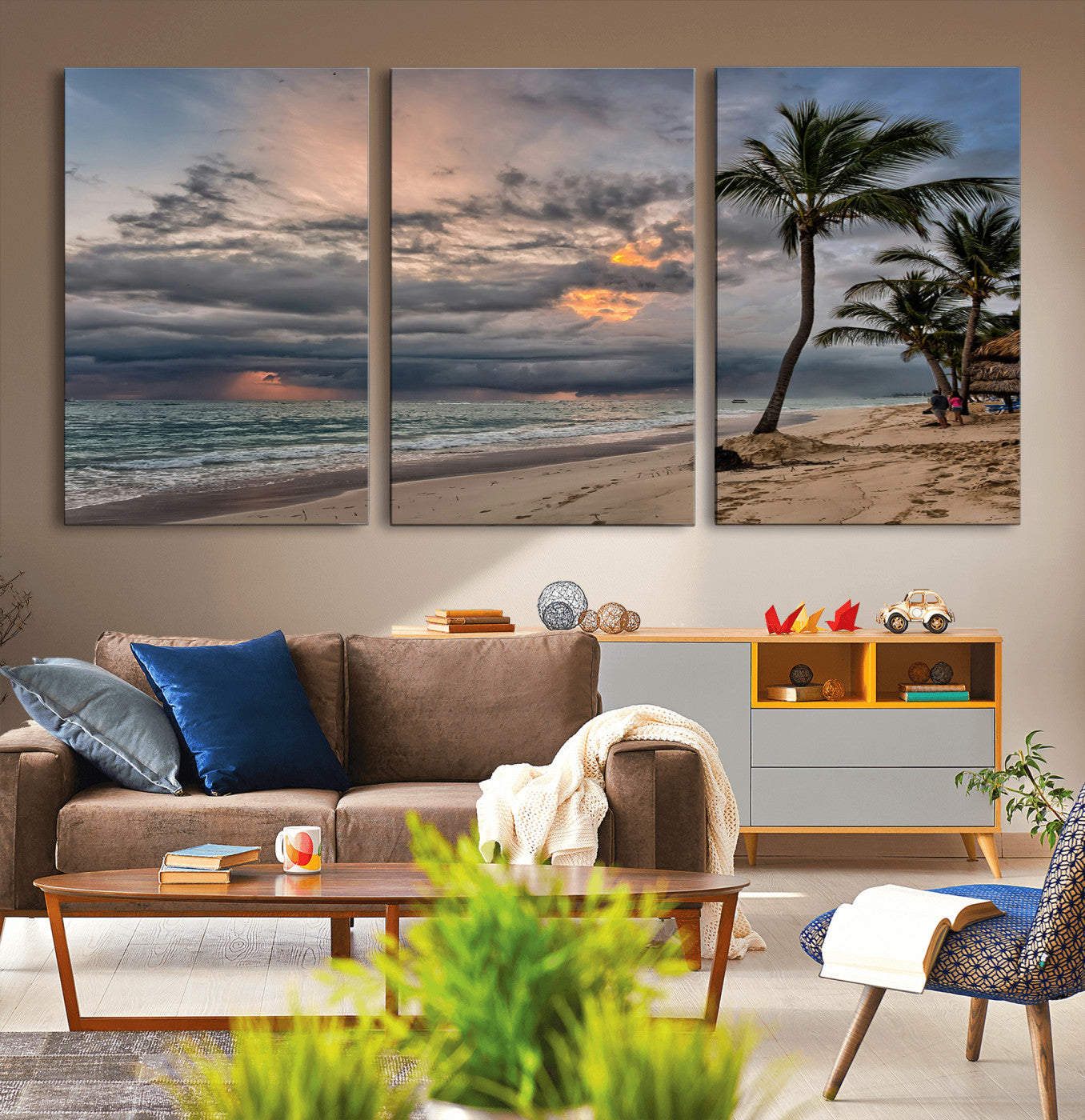 62574547-MGV-CV-36X24-Tropical Storm Wall Art Canvas Print, Framed Moody Beach Art Picture Print, Dramatic Sky Perfect Tropical Coastal Decor Artwork