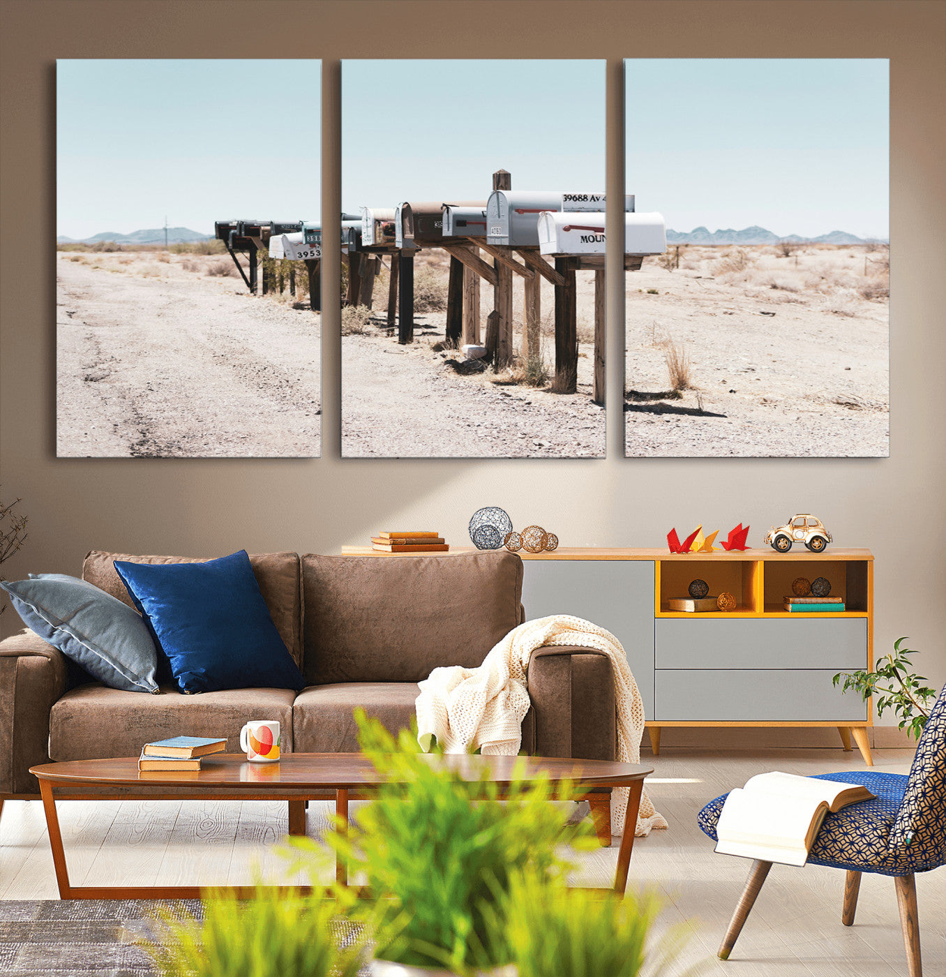 54616109-MGV-CV-36X24-Desert Mailboxes Wall Art – Rustic Rural Roadside Photography Canvas Print, American Southwest Landscape Home Decor for Living