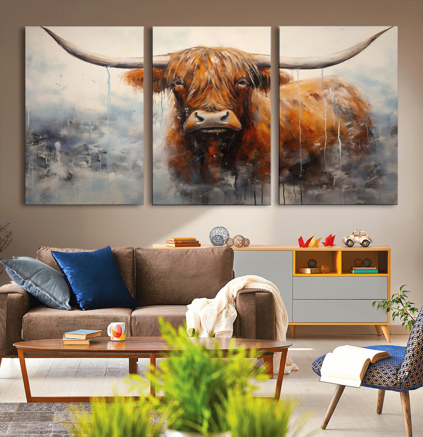X61001-MGV-CV-36X24-Scottish Highland Wall Art Canvas Print, Framed Longhorn Art Picture Print, Western Cow Perfect Farmhouse Decor Artwork