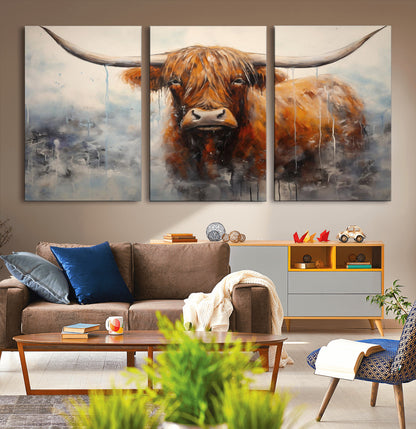 X61001-MGV-CV-36X24-Scottish Highland Wall Art Canvas Print, Framed Longhorn Art Picture Print, Western Cow Perfect Farmhouse Decor Artwork