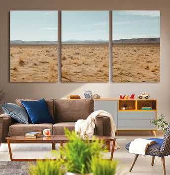 55918919-MGV-CV-60X30-3P-Desert Landscape Wall Art – Golden Grass Plains and Mountain Horizon Canvas Print, Southwest Nature Photography Decor for Living