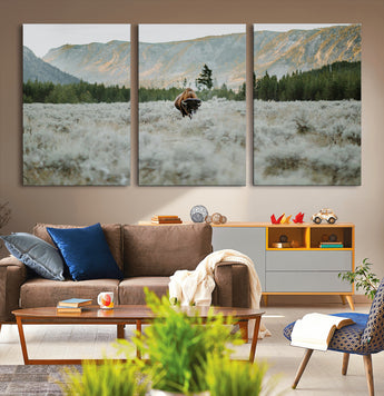 41674074-MGV-CV-36X24-Bison Wall Art – American Buffalo Wildlife Photography Canvas Print, Western Mountain Landscape Artwork Rustic Nature Decor for