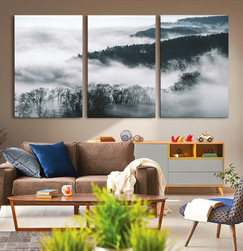 67569654-MGV-CV-36X24-Foggy Forest Wall Art – Mist Covered Hills and Trees Landscape Canvas Print, Moody Nature Photography Decor for Living Room,