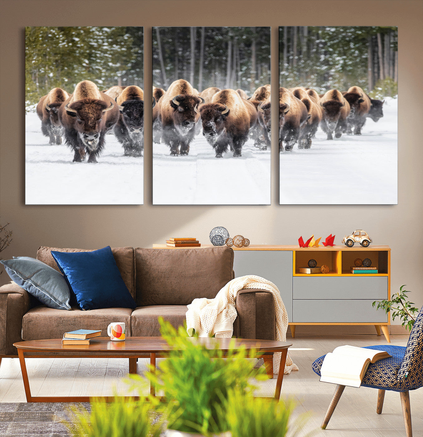 96906195-MGV-CV-36X24-Bison Herd Wall Art – American Buffalo Wildlife Photography Canvas Print, Winter Snow Scene Western Nature Decor for Living Room,