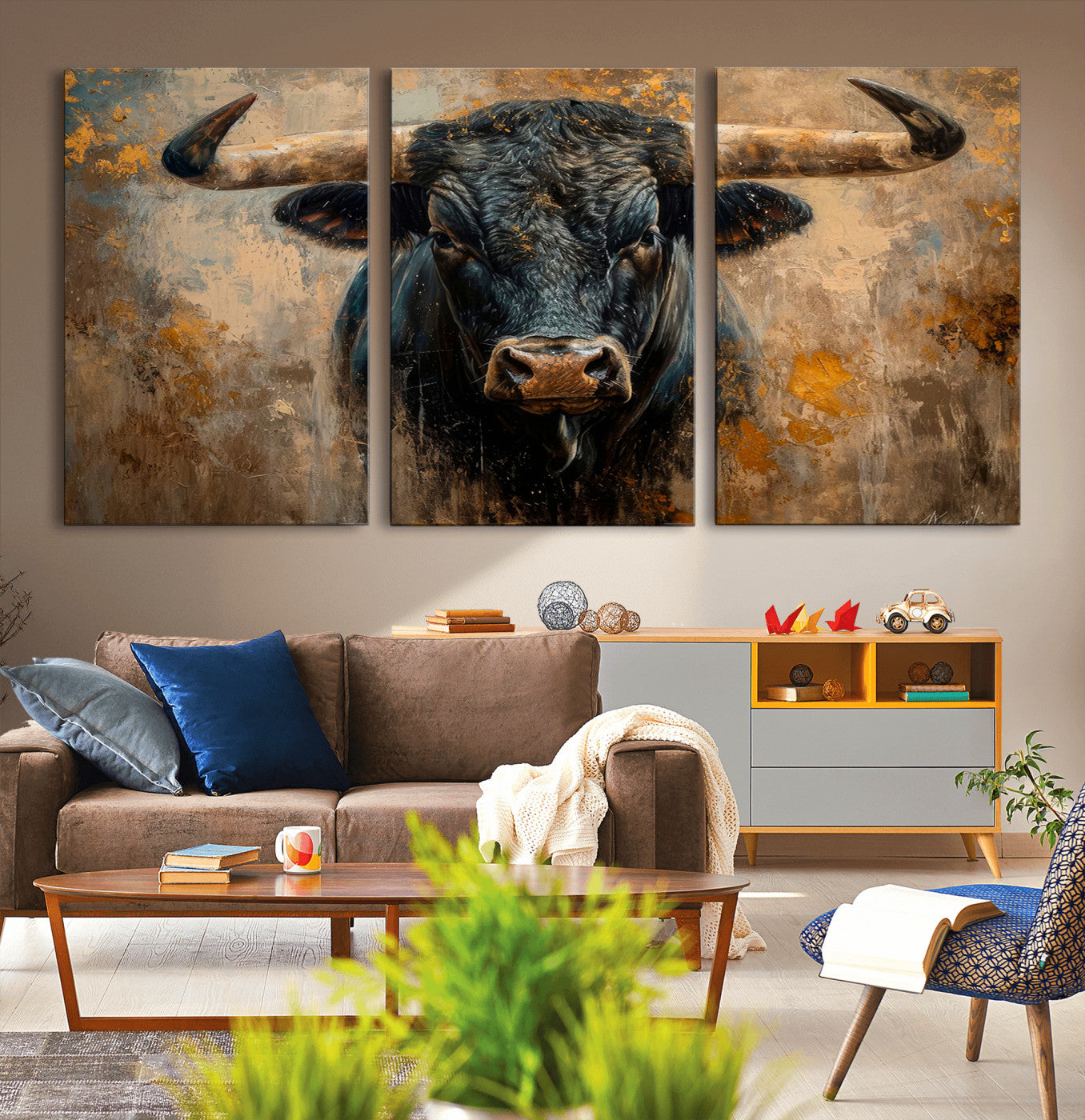 91615410-MGV-CV-36X24-Bull Wall Art – Rustic Western Longhorn Canvas Print, Powerful Abstract Animal Painting, Farmhouse Ranch Decor for Living Room,
