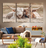 38651722-MGV-CV-36X24-Cow Wall Art – Rustic Longhorn Pair Canvas Print, Western Farmhouse Animal Painting, Country Ranch Decor for Living Room, Bedroom,