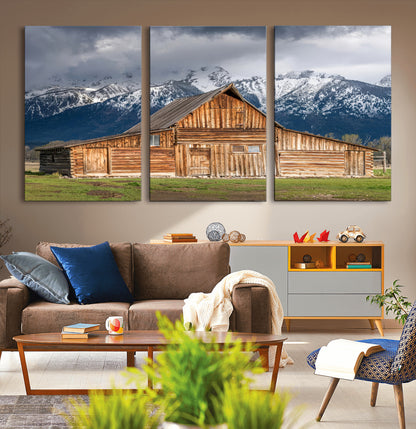 15173627-MGV-CV-36X24-Barn Wall Art – Rustic Wooden Cabin Canvas Print with Snowy Mountain Landscape, Western Farmhouse Country Decor for Living Room,