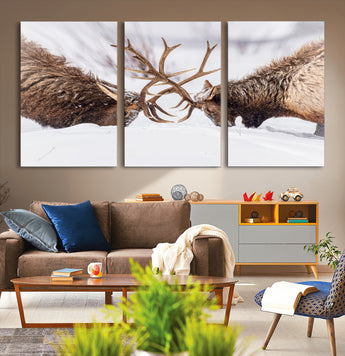 99240306-MGV-CV-36X24-Elk Wall Art – Two Bull Elk Fighting in Snow Canvas Print, Rustic Wildlife Artwork for Cabin, Lodge, Western Farmhouse, Nature &