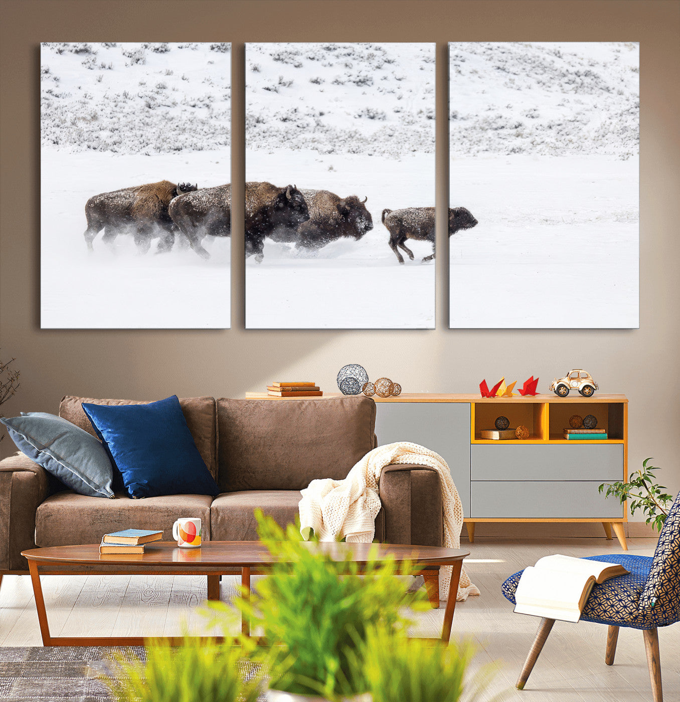 61161423-MGV-CV-36X24-Running Bison Herd Wall Art – Winter Buffalo Canvas Print, Wildlife Photography Decor for Rustic Living Room, Farmhouse, Lodge,