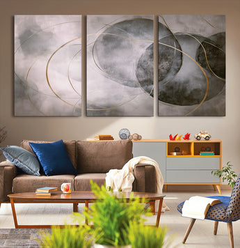20066876-MGV-CV-36X24-Neutral Abstract Circle Wall Art – Modern Gray Beige Gold Canvas Print, Minimalist Geometric Painting for Bedroom, Living Room,