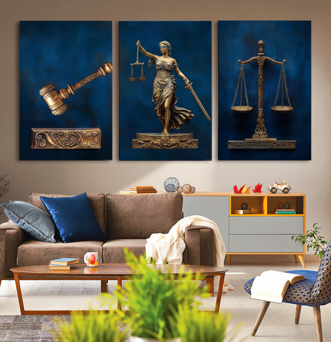 91629053-MGV-CV-36X24-Lady Justice Wall Art – Golden Gavel and Scales Canvas Print, Elegant Legal Office Decor for Lawyers, Judges, Courtroom or Study