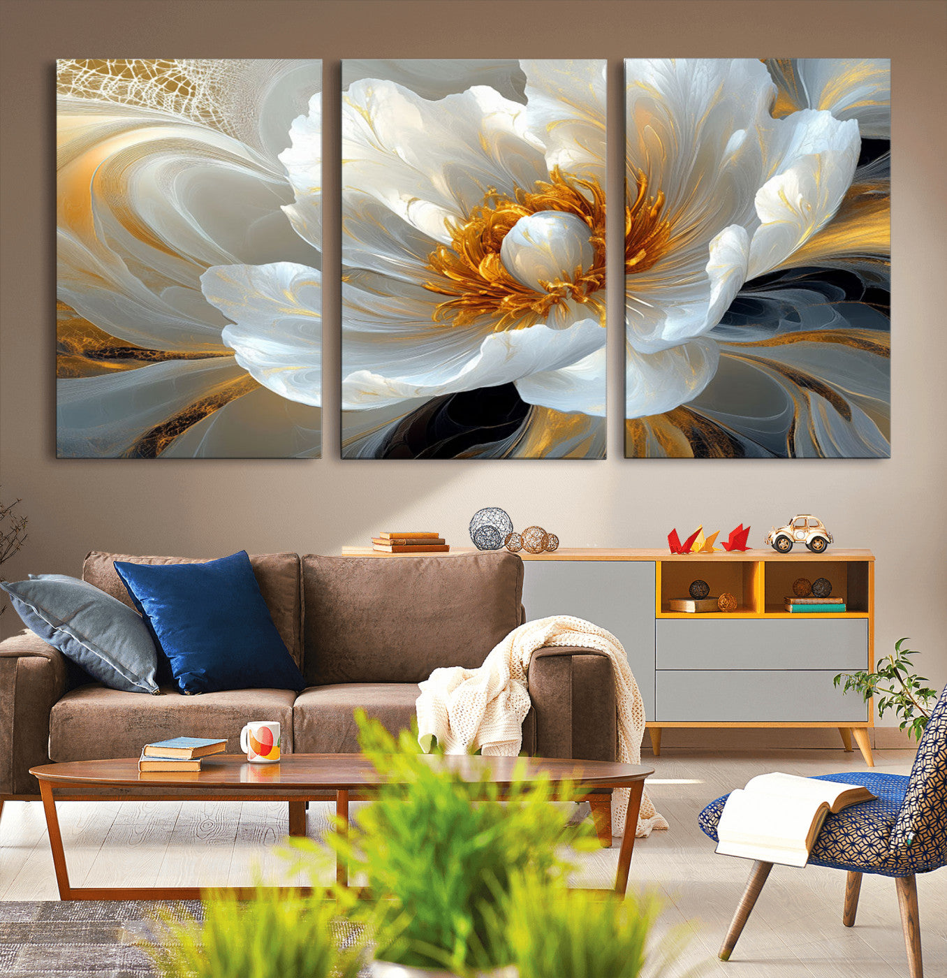 39604126-MGV-CV-36X24-Abstract Flower Wall Art – Elegant White and Gold Bloom Canvas Print, Modern Floral Artwork for Bedroom, Living Room, or Office