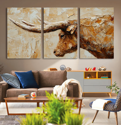 69611428-MGV-CV-60X30-3P-Longhorn Bull Wall Art – Rustic Western Canvas Print, Textured Farmhouse Cattle Painting for Living Room, Office, or Ranch House
