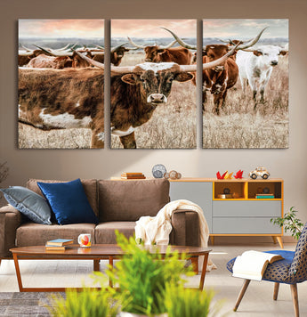 47758300-MGV-CV-36X24-Texas Longhorn Cattle Wall Art – Rustic Western Herd Canvas Print, Cowboy Ranch Farmhouse Decor for Living Room, Office, or