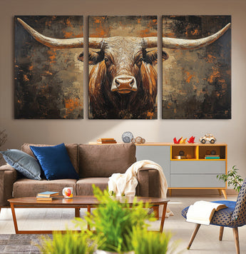19204445-MGV-CV-36X24-Texas Longhorn Bull Wall Art – Rustic Western Canvas Print, Bold Cowboy Cattle Painting for Ranch House, Farmhouse, Office, or