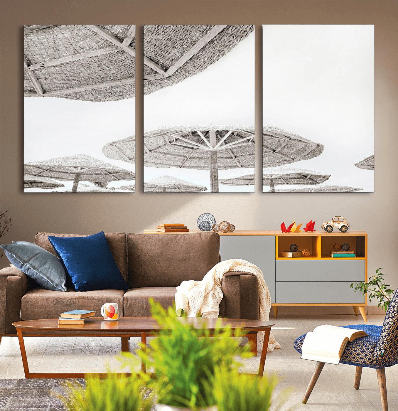 97043123-MGV-CV-36X24-Beach Umbrella Wall Art – Minimalist Coastal Canvas Print, Woven Parasol Summer Decor for Bedroom, Living Room, or Modern Beach