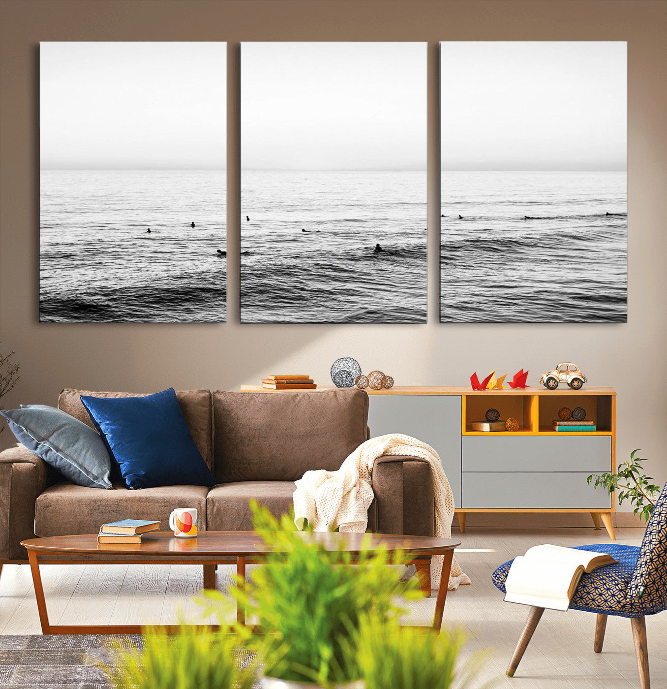 47208268-MGV-CV-36X24-Surfer Ocean Wall Art – Black and White Coastal Canvas Print, Minimalist Surfing Seascape Decor for Living Room, Bedroom, or Beach