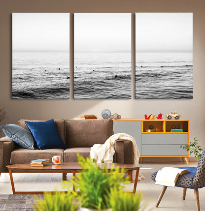 47208268-MGV-CV-36X24-Surfer Ocean Wall Art – Black and White Coastal Canvas Print, Minimalist Surfing Seascape Decor for Living Room, Bedroom, or Beach