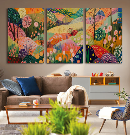 79636380-MGV-CV-36X24-Colorful Abstract Landscape Wall Art – Vibrant Hills and Flowers Canvas Print, Modern Whimsical Artwork for Living Room, Bedroom,