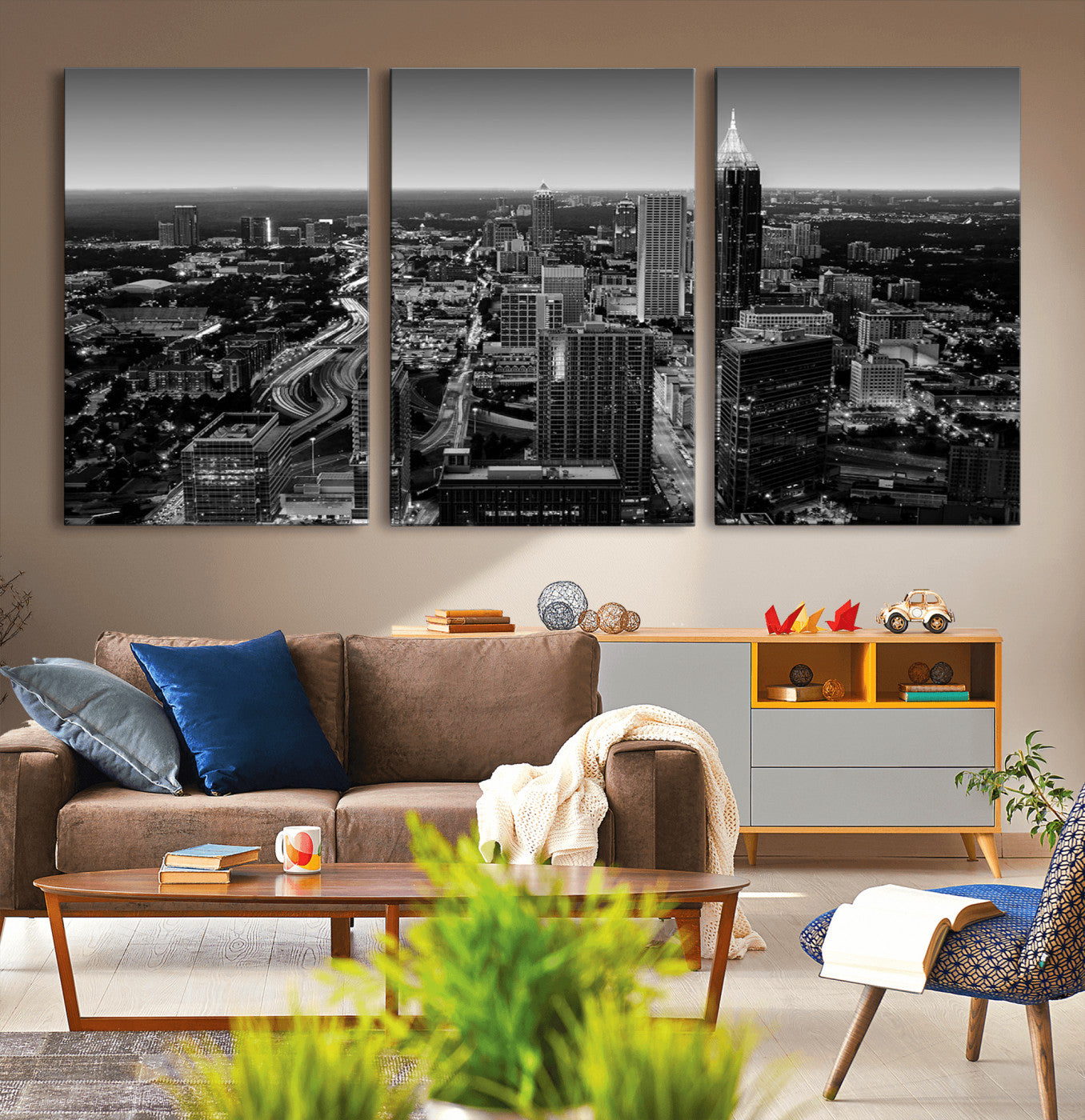 46578567-MGV-CV-36X24-Atlanta Skyline Wall Art – Black and White Cityscape Canvas Print, Modern Urban Night Decor for Office, Living Room, or Apartment